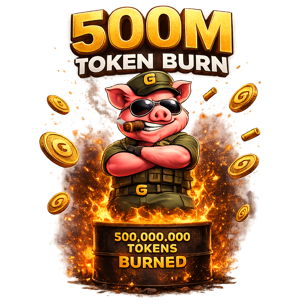 General GunoPig arms crossed beside a burning barrel labeled 500,000,000 tokens burned